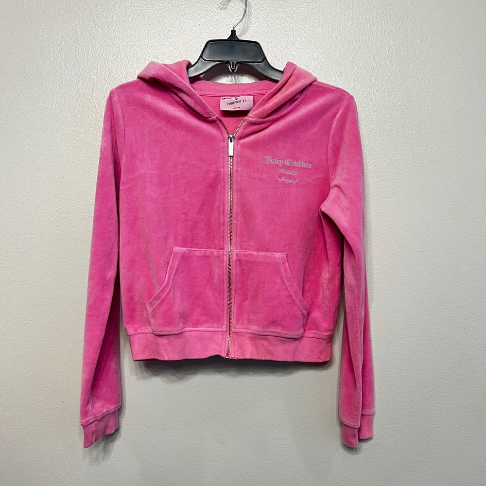 Juicy Couture Forever 21 Pink Velour Rhinestone Zip Up Hoodie Y2K Medium